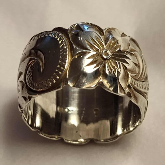 Sterling Silver 925 Plumeria Flower Scroll Band Ring Sz 7 - Picture 4 of 12
